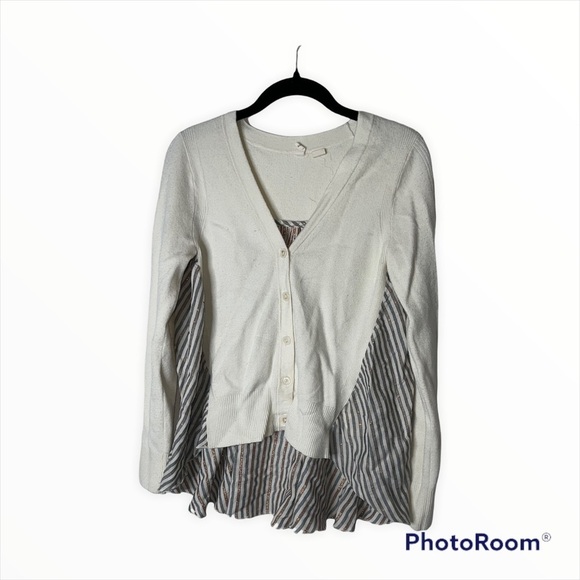 ANTHROPOLOGIE MOTH Cream Ivory Striped Back Mixed Media Swing Cardigan Sweater S - Picture 9 of 10